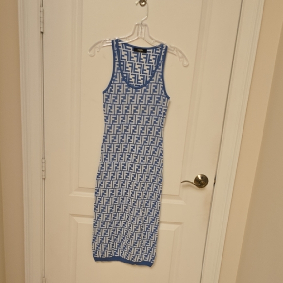 Fendi Blue and White Sheath Midi Dress - Picture 1 of 3